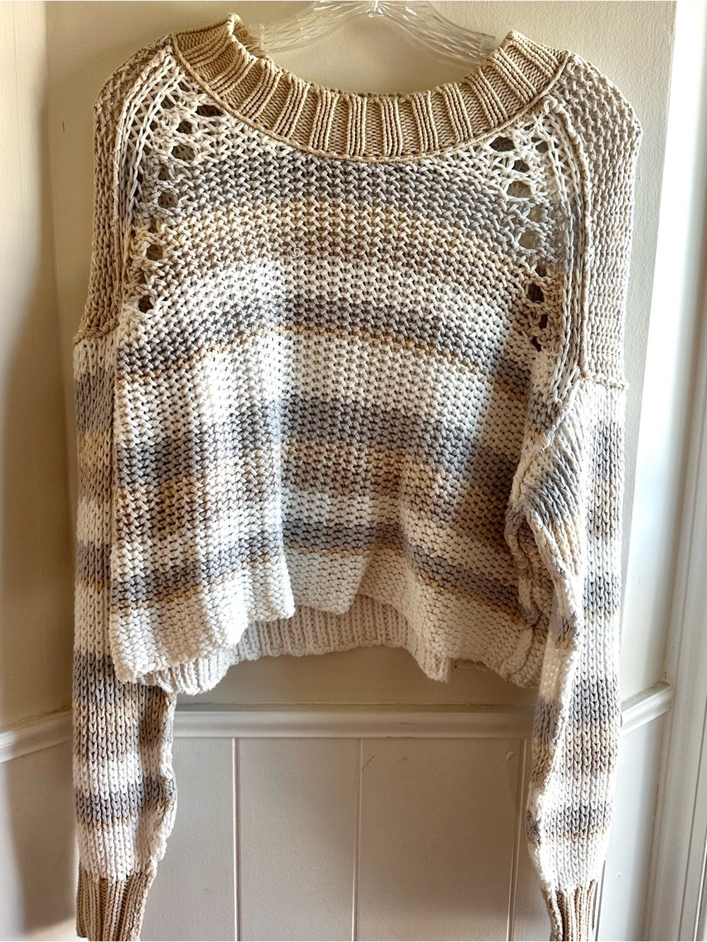 Free People Devon Cropped open knit Sweater Striped Grey Cream Size S